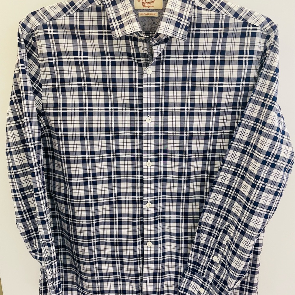 Penguin- Heritage Slim Fit - Blue and White Casual Button Down  Shirt - New